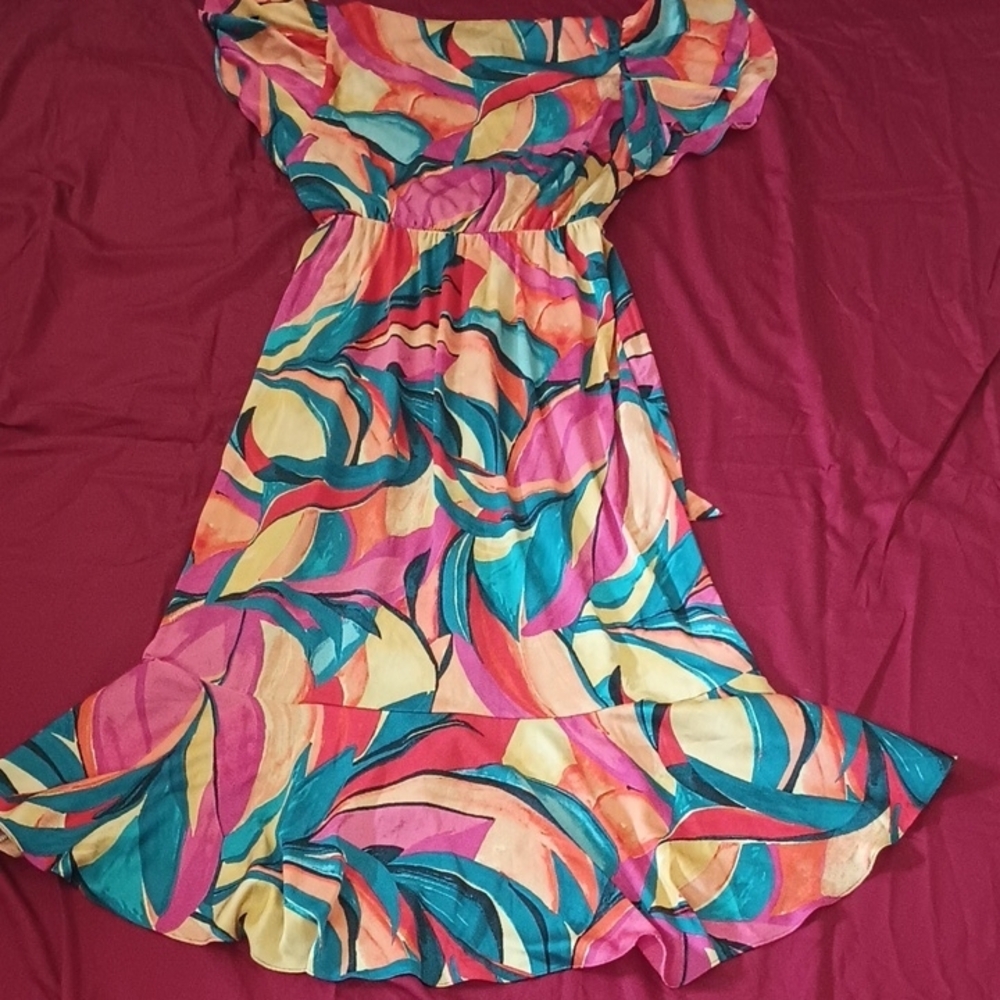 Nicole Miller NY Colorful Wrap Dress Belted Waist Classy Easter Spring Summer L - Picture 7 of 8